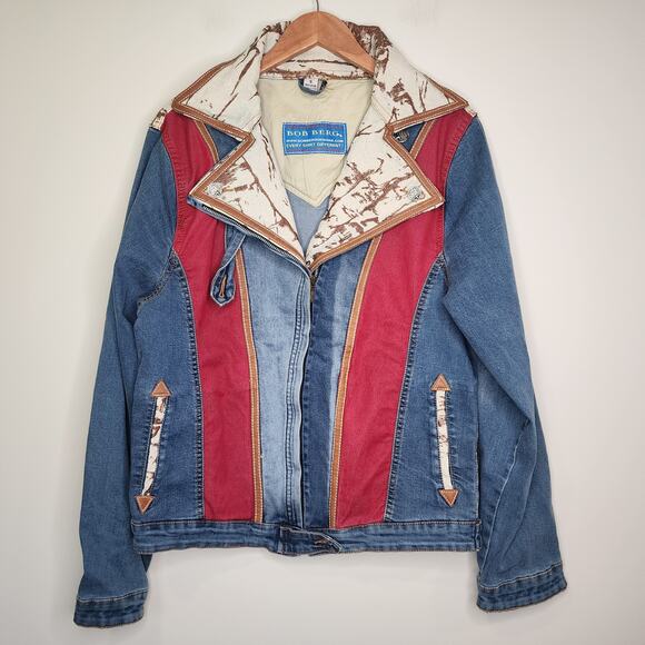 Vintage Jackets & Blazers - Vintage Bob Berg Denim Moto Western Jacket w/ Leather Trim S